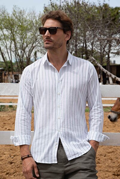 Tudors Erkek Slim Fit Dar Kesim Uzun Kollu %100 Pamuk Keten Doku Çizgili Gömlek