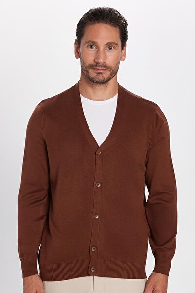 Tudors Men's Standard Fit Regular Fit Buttoned Plain Cotton Brown Cardigan
