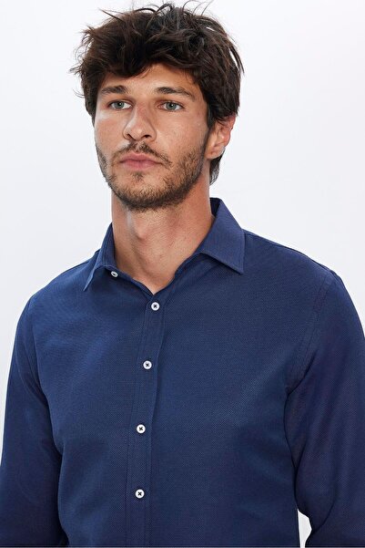 Tudors Modern Slim Fit Uzun Kollu Pamuklu Kolay Ütü Armürlü Erkek Lacivert Gömlek