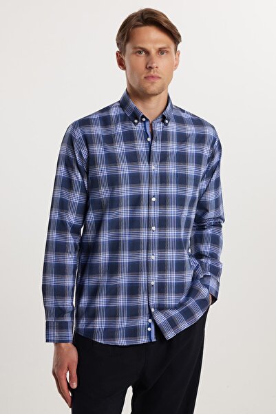 Tudors Erkek Regular Fit Klasik Kesim Ekoseli Biyeli Yaka Düğmeli Gömlek