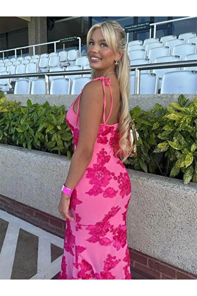 pink life Pembe Ayarlanabilir Askılı Çiçekli Astarlı Maksi