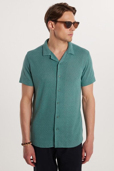 Tudors Men's Slim Fit Slim Fit Short Sleeve Knitted Texture Apache Collar Gre...