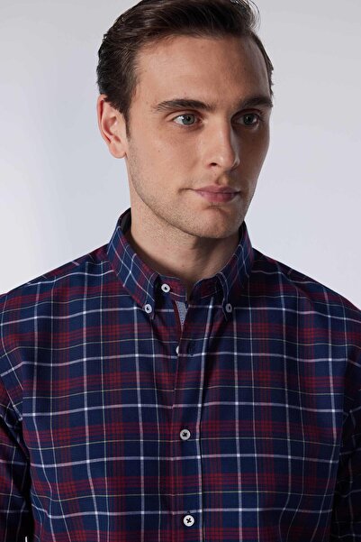 Tudors Erkek Slim Fit Dar Kesim Uzun Kollu Pamuklu Kolay Ütü Kareli Düğmeli Yaka Gömlek