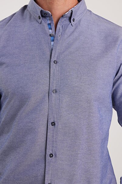 Tudors Erkek Slim Fit Dar Kesim Uzun Kollu Pamuklu Oxford Doku Lacivert Düğmeli Yaka Gömlek