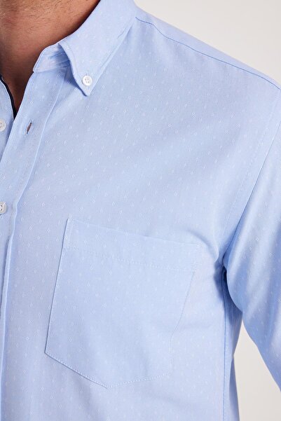 Tudors ​​​​​​​ Erkek Regular Fit Klasik Kesim Pamuklu Kolay Ütü Armürlü Mavi Düğmeli Yaka Gömlek