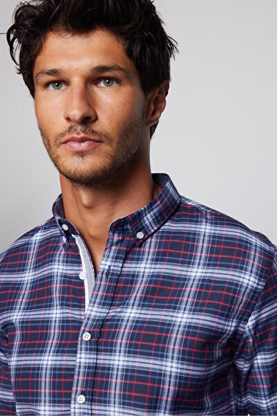 Tudors Erkek Slim Fit Dar Kesim Uzun Kollu Pamuklu Kolay Ütü Kareli Düğmeli Yaka Gömlek