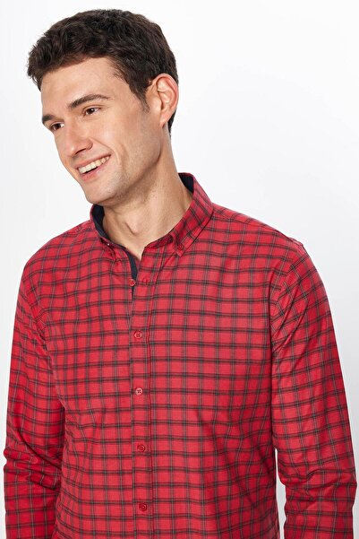 Tudors Erkek Slim Fit Dar Kesim Uzun Kollu Pamuklu Kolay Ütü Kareli Düğmeli Yaka Gömlek