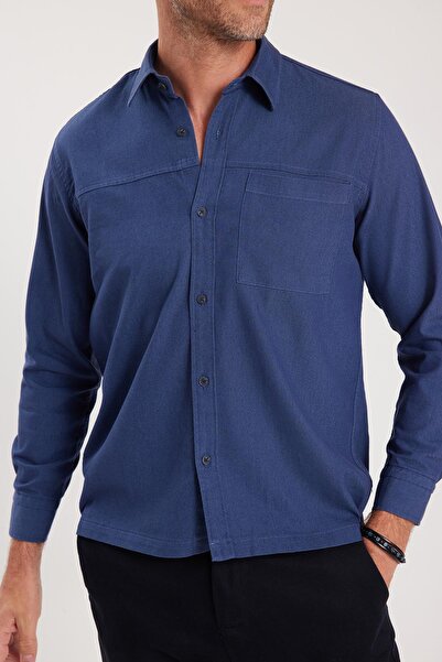 Tudors Regular Fit Rahat Kesim Cepli Denim Düğmeli Yaka Lacivert Kot Gömlek