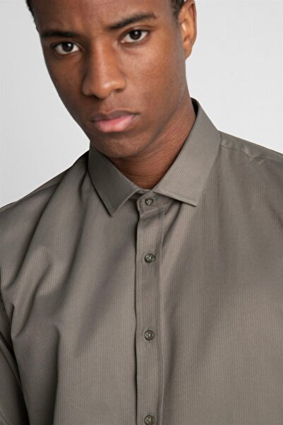 Tudors Slim Fit Uzun Kollu Armürlü Erkek Haki Gri Gömlek