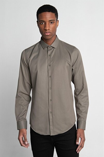 Tudors Slim Fit Uzun Kollu Armürlü Erkek Haki Gri Gömlek
