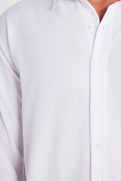 Tudors Oversize Mevsimlik Keten Dokulu Bol Kalıp Uzun Kollu Rahat Kullanım Erkek Beyaz Gömlek