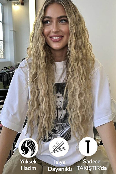 TAKIŞTIR Isıya Dayanıklı Yıkanabilir Yarımay ÇıtÇıt Saç 16#Sarı-Dalgalı-60Cm-110 Gr+2 Adet YanÇıtÇıtSaç