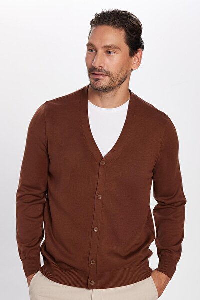 Tudors Men's Standard Fit Regular Fit Buttoned Plain Cotton Brown Cardigan