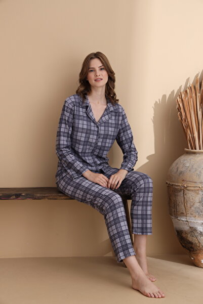 ELİTOL Ekose Desen Süet Örme Uzun Kol Kadın Düğmeli Pijama Takımı