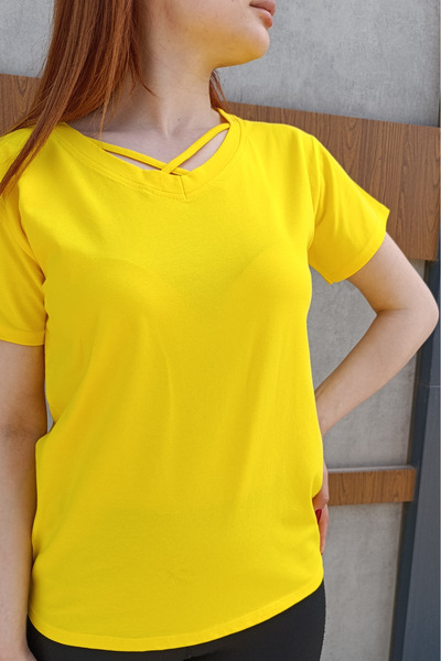 siyalife Tricou galben pentru femei, cu decolteu în V, cu detaliu de frânghie...