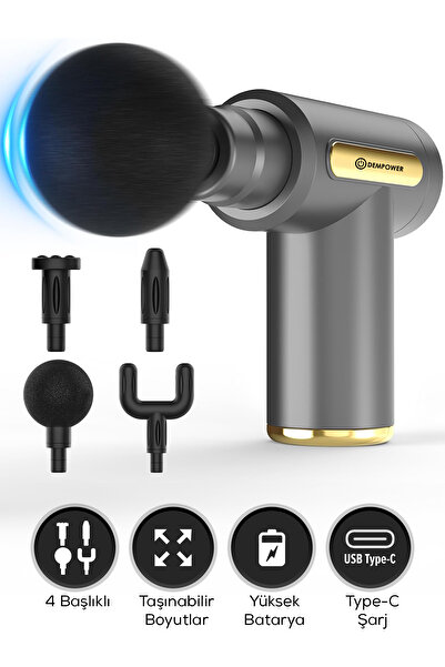 DEMPOWER Titreşimli Masaj Tabancası 4 Başlıklı Gri 19x13cm