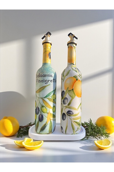 Mes Reves El Yapımı Limon & Zeytin Desenli Cam Yağdanlık & Sirkelik Seti | Şı...