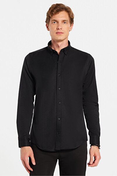 Tudors Slim Fit Uzun Kollu Düğmeli Yaka Pamuklu Kolay Ütü Düz Erkek Gömlek