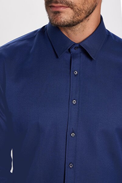 Tudors Erkek Modern Fit Dar Kesim Pamuklu Kolay Ütü Armürlü Lacivert Gömlek