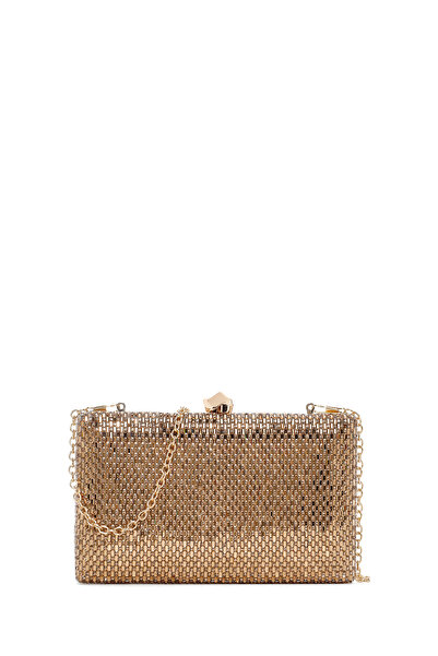 Derimod Women's Gold Long Chain Strap Stone Evening Dress Box Portfolio Bag 2...