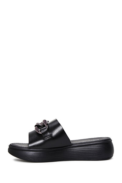 Derimod Women's Black Thick Sole Chain Leather Slippers 25Sfd 330518