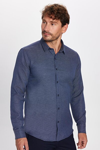 Tudors Cămașă modernă, cu mânecă lungă, din bumbac, ușor de călcat Dobby, pentru bărbați, albastru