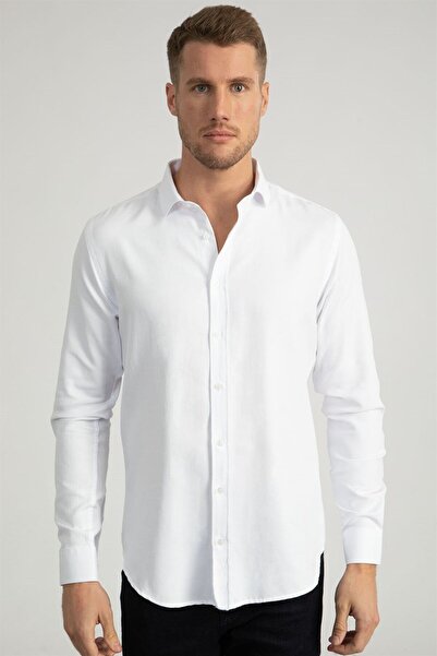 Tudors Slim Fit Uzun Kollu Armürlü Erkek Beyaz Gömlek