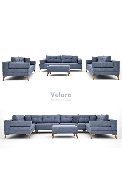 Velura Home & Living Zeri Modüler Yataklı 3 Adet Üçlü Kanepe & 3'lü Koltuk (3+3+3) - Mavi - 119
