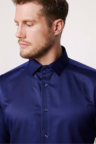 Tudors Slim Fit hosszú ujjú pamut sima férfi sötétkék ing