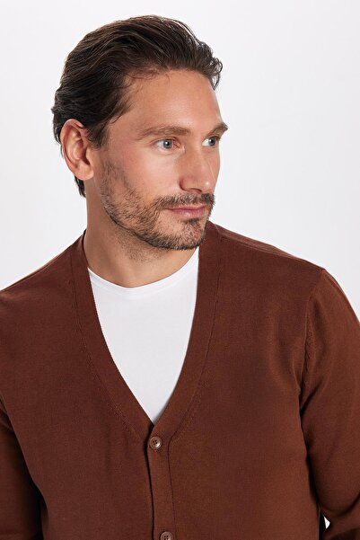 Tudors Men's Standard Fit Regular Fit Buttoned Plain Cotton Brown Cardigan