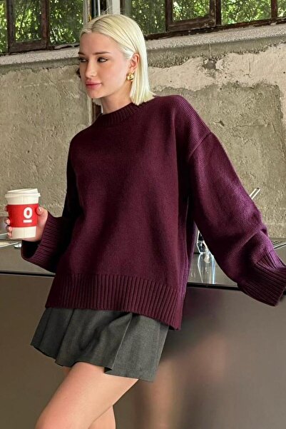 Madmext Pulover oversize cu gât rotund Mürdüm MG1972