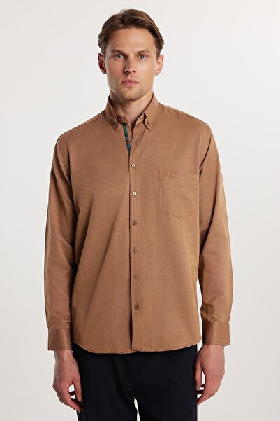 Tudors Erkek Regular Fit Klasik Kesim Pamuklu Oxford Doku Kahverengi Düğmeli Yaka Gömlek