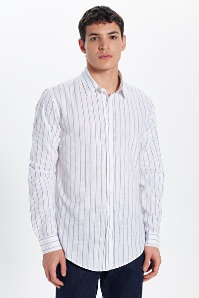 Tudors Erkek Slim Fit Dar Kesim Uzun Kollu %100 Pamuk Keten Doku Çizgili Gömlek