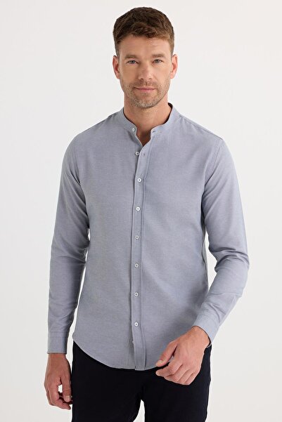 Tudors Erkek Slim Fit Dar Kesim Pamuklu Kolay Ütü Gri Hakim Yaka Gömlek