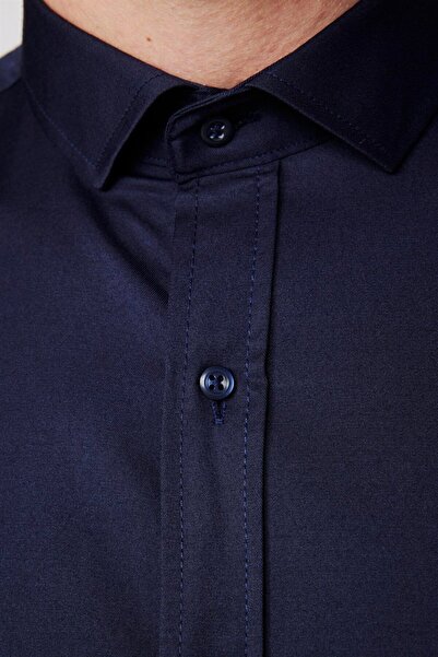 Tudors Slim Fit Uzun Kollu Likralı Düz Pamuk Saten Erkek Lacivert Gömlek