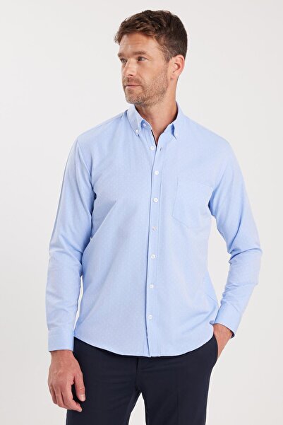 Tudors ​​​​​​​ Erkek Regular Fit Klasik Kesim Pamuklu Kolay Ütü Armürlü Mavi Düğmeli Yaka Gömlek