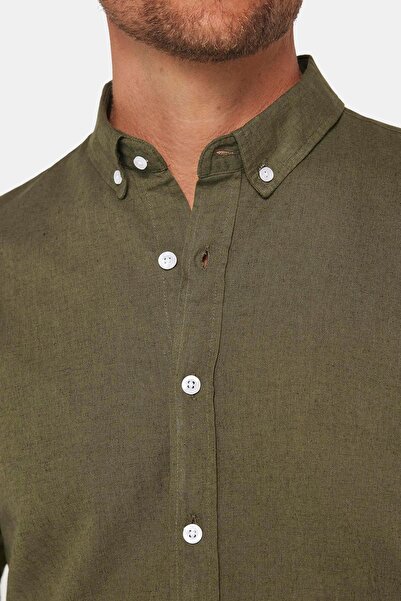 Tudors Men's Linen Premium Series - Slim Fit Khaki Sports Shirt, Long Sleeve and Button Collar
