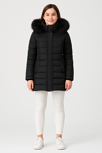 PIQUE Γυναικεία Μαύρη Faux Fur Αφαιρούμενη με Κουκούλα Puffer Coat Yasmin Μαύρο-άσπρο