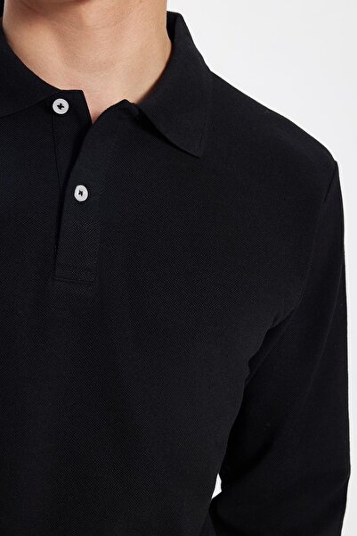 Tudors Erkek Standart Fit Rahat Kesim Pamuklu Yumuşak Dokulu Düz Pike Uzun Kollu Siyah Polo Yaka Tişört