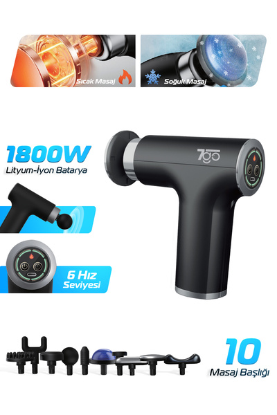 7GO 7GMG2 Sıcak & Soğuk Başlıklı Masaj Tabancası – 10 Başlık, 6 Kademeli, 1800mAh Lityum-İyon Pil