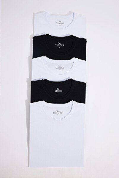 Tudors Unisex 5 Pack Μαύρο-Λευκό T-Shirt Slim Fit 100% βαμβακερό με λαιμόκοψη