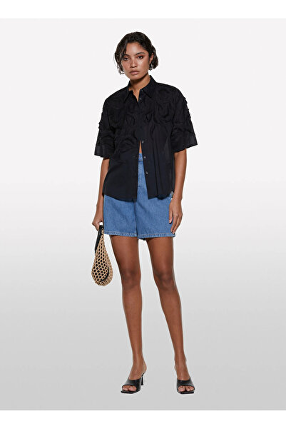 Sisley Loose Cut Classic Collar Black Women's Shirt 5Kkplq09B