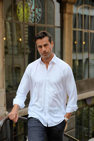 Fitmens Classic Long Sleeve Linen Collar Buttoned Bottom Men's Shirt with Gift Box Fs-003686 - White