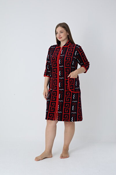 ROMEO LİFE Γυναικείο φόρεμα μεγάλου μεγέθους από βαμβακερό βελούδο με φερμουάρ ΣΚΟΥΡΟ-ΚΟΚΚΙΝΟ 1125