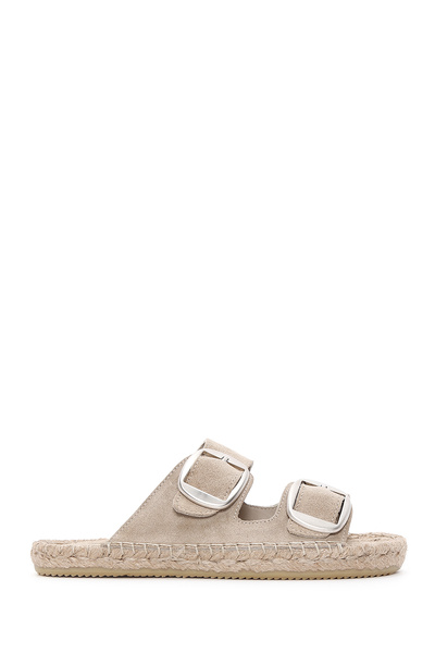 Derimod Women's Beige Buckle Suede Leather Espadrille Slippers 25Sfd 205010