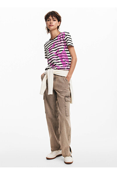 Desigual Yuvarlak Yaka Baskılı Siyah - Beyaz Kadın T-Shirt 24WWTKA1