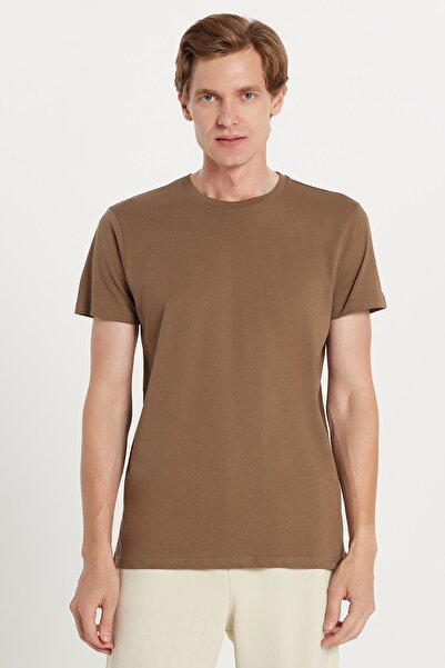 Tudors Unisex Slim Fit Slim Fit 100% βαμβακερό μπλουζάκι με μαλακή υφή καφέ Crew λαιμόκοψη