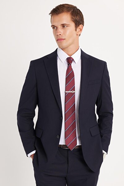 Tudors Erkek Slim Fit Mono Yaka Likralı Esnek Kumaş Lacivert Takım Elbise