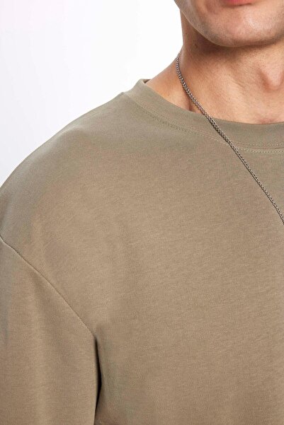 Tudors Μπλουζάκι Unisex Oversize Wide Cut 100% βαμβακερό μαλακό ανάγλυφο Basic Crew Neck Khaki T-shirt