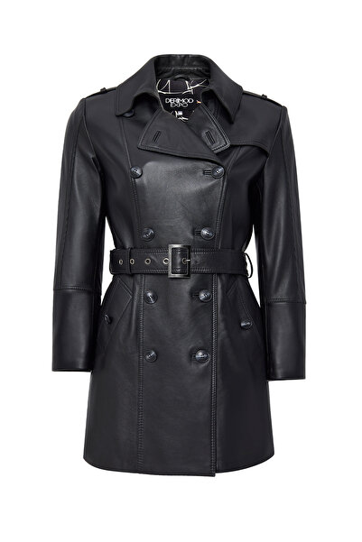 Derimod Matilda Women's Black Double Breasted Collar Leather Coat 24Wge52721M